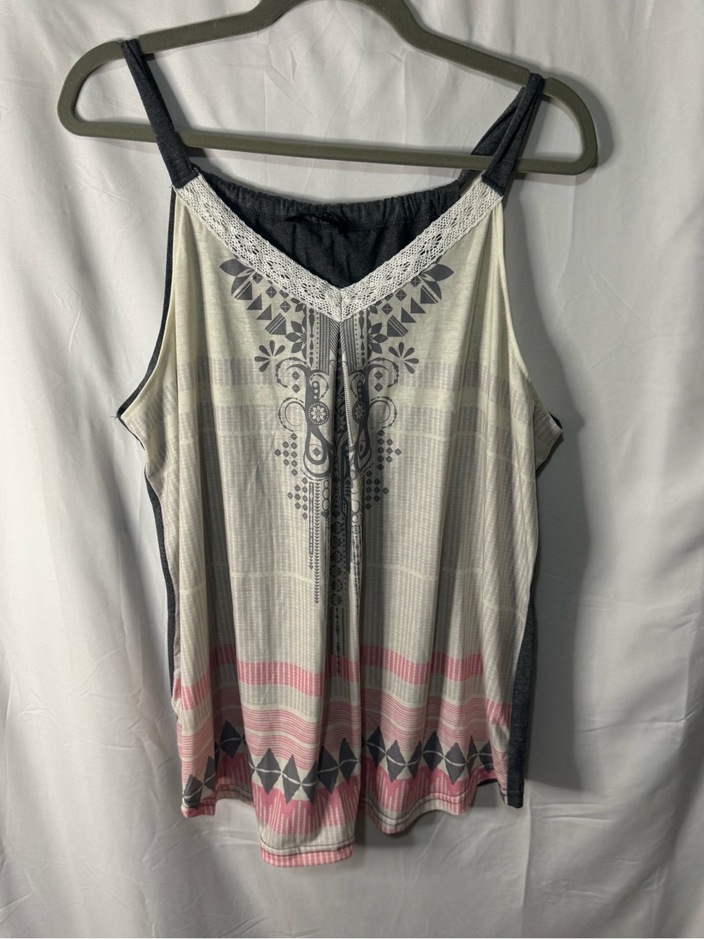 Lace-Trim Printed Tank Top in Cream, Pink & Charcoal